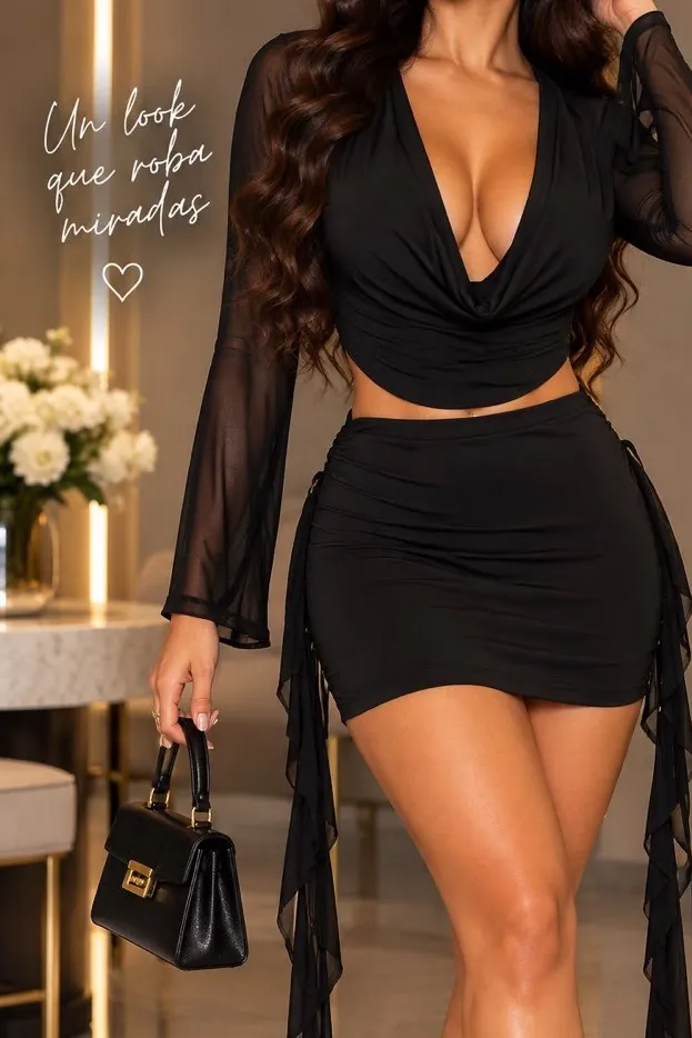Conjunto negro con mangas de malla, foto con modelo